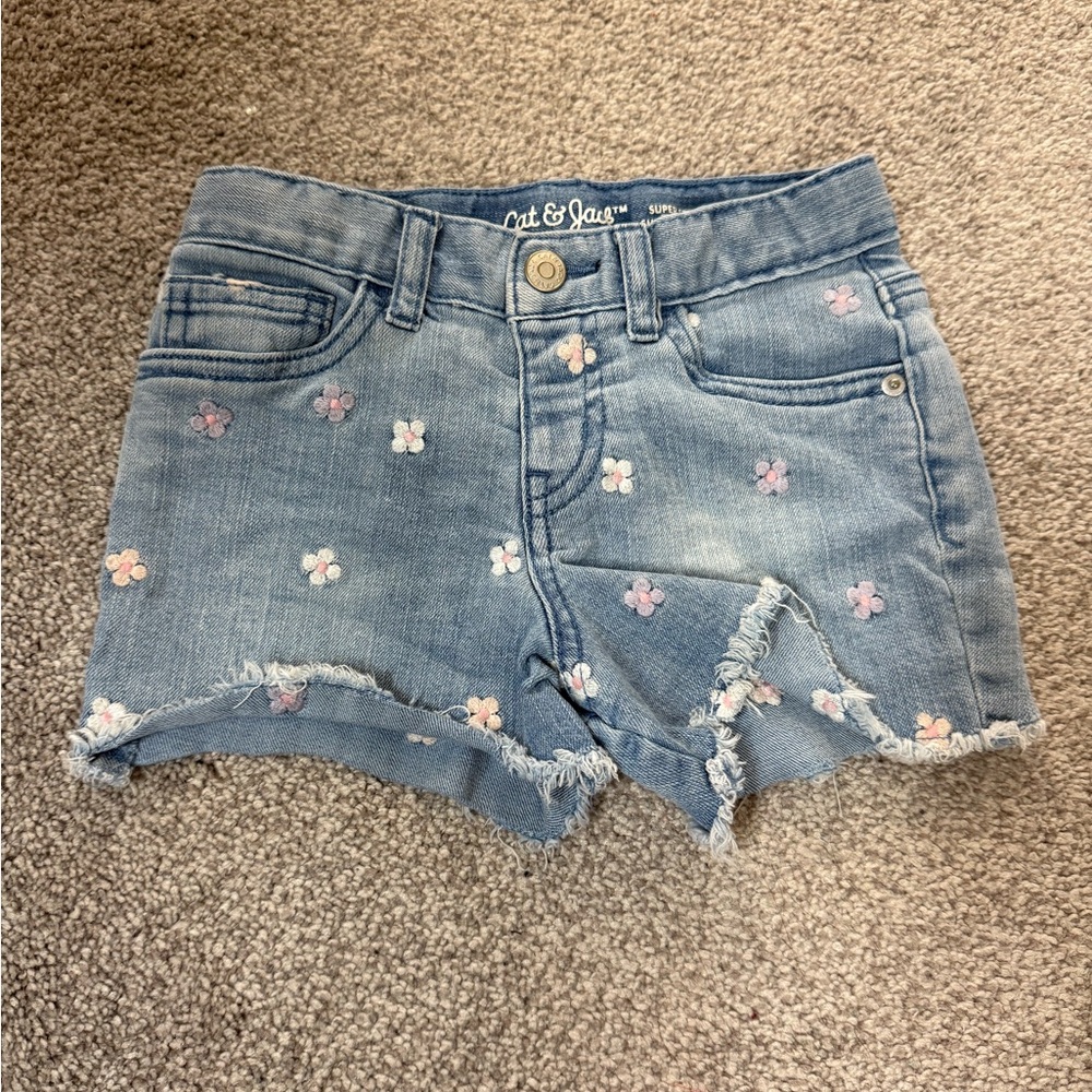 Cat & Jack Blue Denim Shorts with Pink Floral Accents